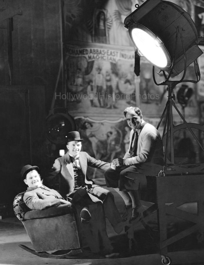 Laurel & Hardy 1931 On set with director and producer Hal Roach wm.jpg